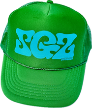 Load image into Gallery viewer, SGZ Trucker hat in Turquoise on Kelly Green
