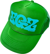 Load image into Gallery viewer, SGZ Trucker hat in Turquoise on Kelly Green
