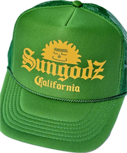 Load image into Gallery viewer, Sungodz Coronafornia Trucker hat in golden yellow on Kelly Green
