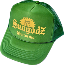 Load image into Gallery viewer, Sungodz Coronafornia Trucker hat in golden yellow on Kelly Green
