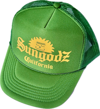 Load image into Gallery viewer, Sungodz Coronafornia Trucker hat in golden yellow on Kelly Green
