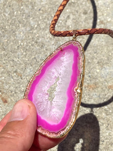 Pink Agate in Golden Silver on Light Brown leather strap