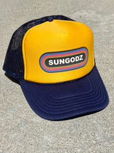 Load image into Gallery viewer, Sungodz RockGodz design snapback Trucker Hat in Gold &amp; Navy

