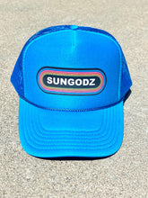 Load image into Gallery viewer, Sungodz RockGodz design Trucker Hat in Electric Blue

