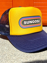 Load image into Gallery viewer, Sungodz RockGodz design snapback Trucker Hat in Gold &amp; Navy
